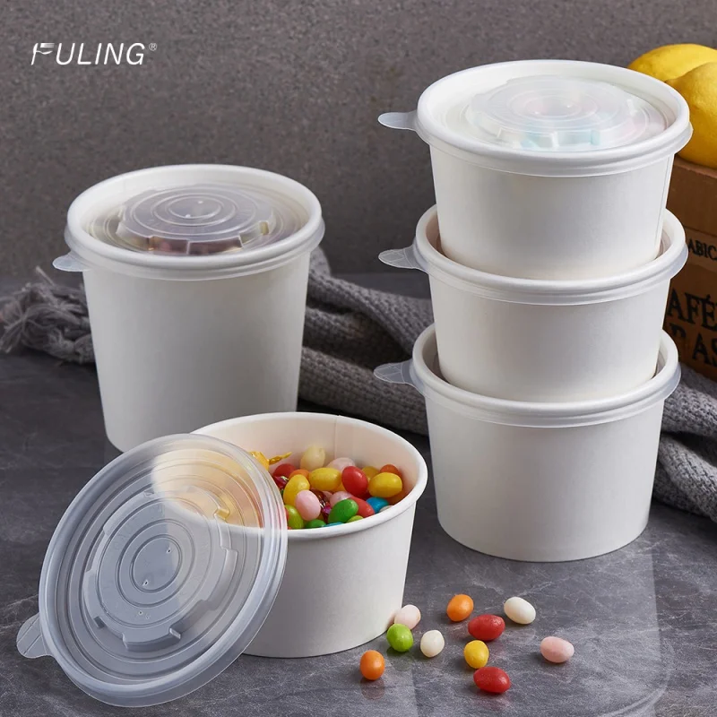 Customized productFULING Custom Printed Disposable White Paper Bowl 8oz 12oz 16oz 24oz 32oz With Lid