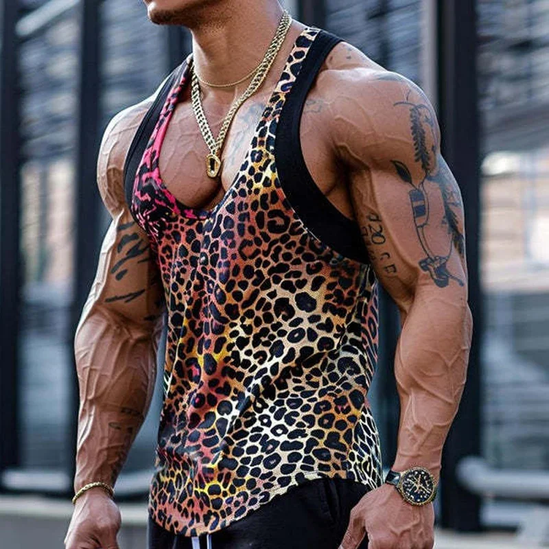 Sexy Leopard Printed Mens Vest Summer Fashion Deep Round Neck Sleeveless Straps Slim Tank Tops For Men Sports Fitness Camisoles