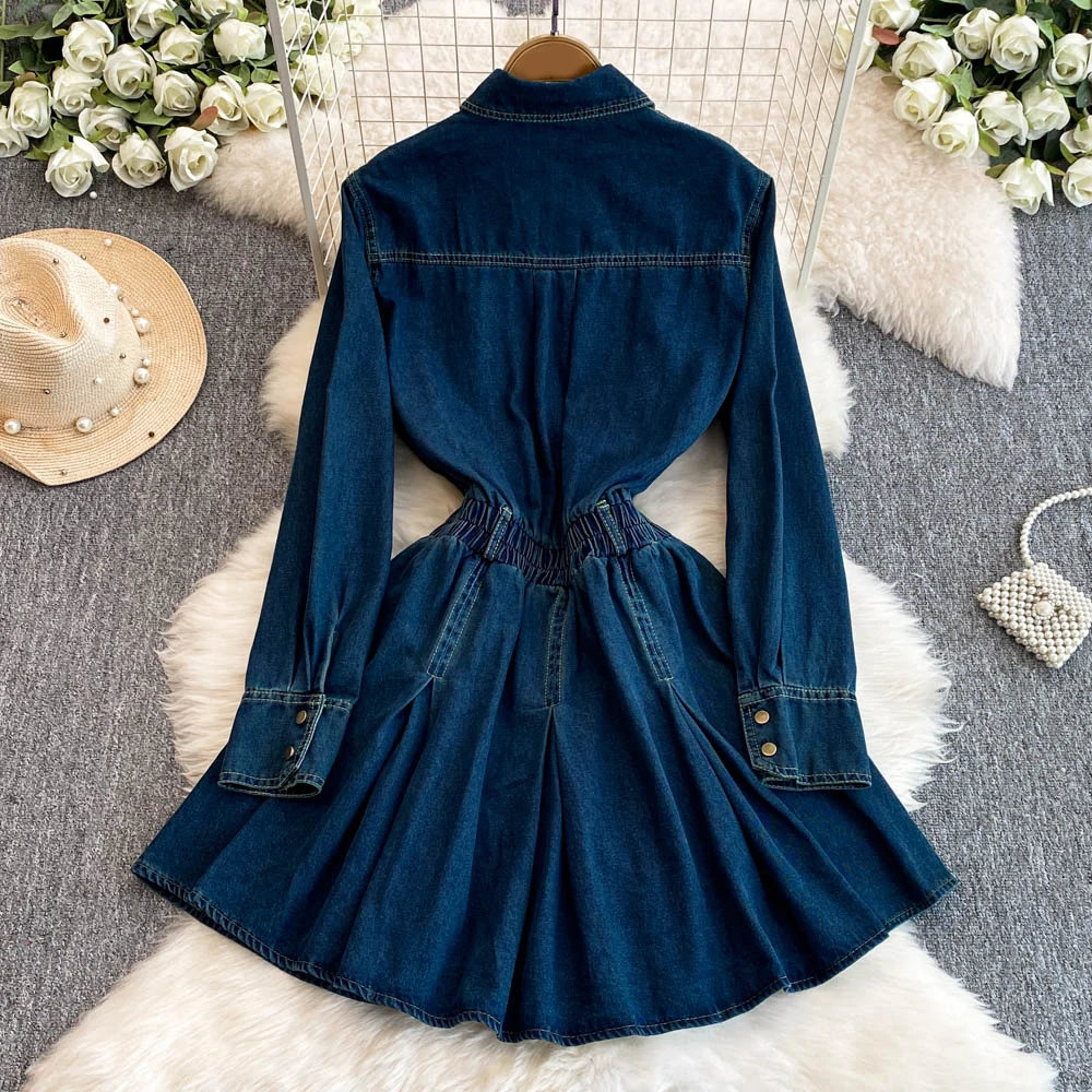 TWOTWINSTYLE Solid Casual Denim Dresses For Women Lapel Long Sleeve Patchwork Pockets Slimming Dress Female Fashion KDR522372