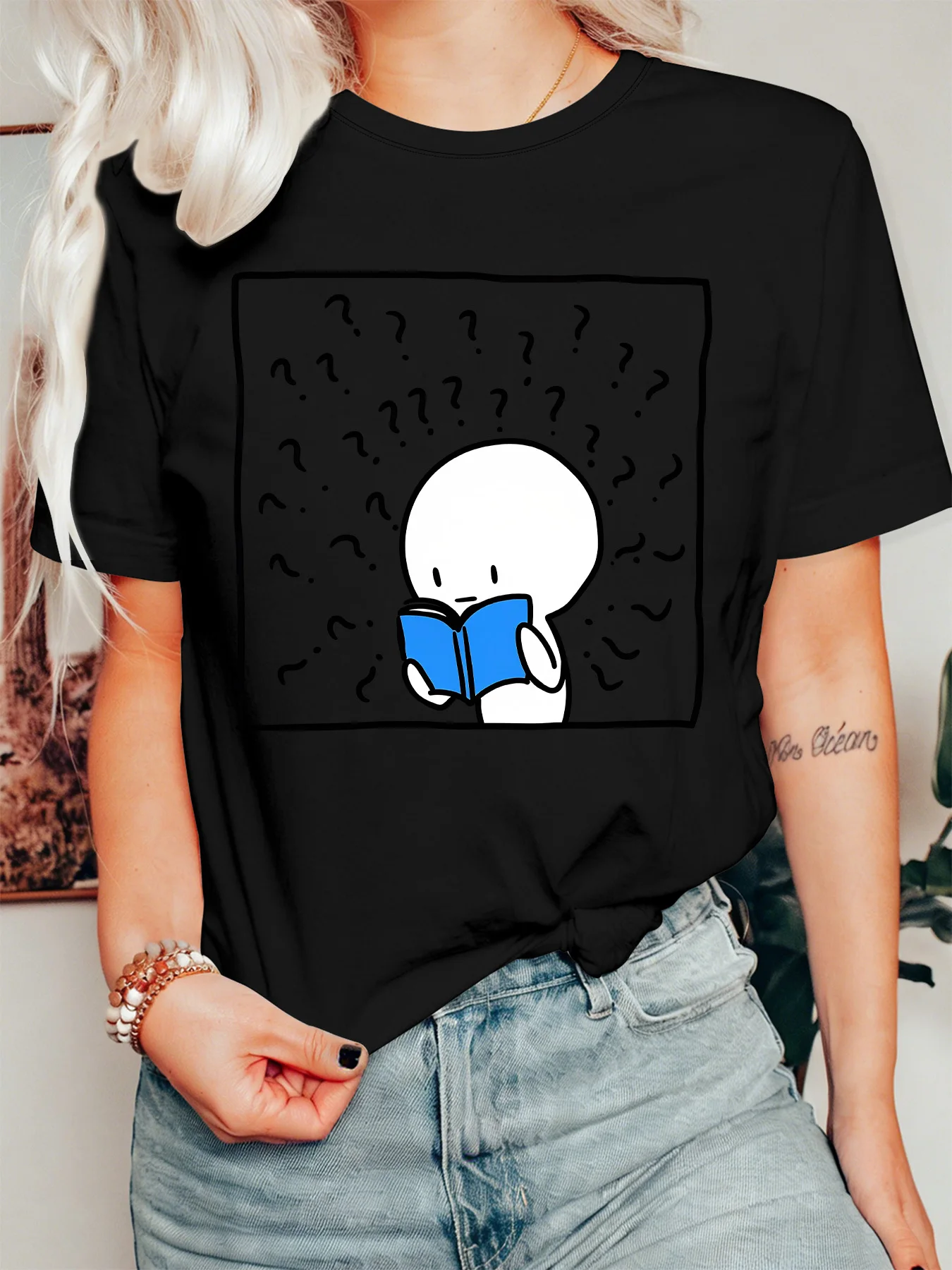 Fun Confused Reading Figure Womens T Shirt Question Marks Simple Cartoon Graphic Tee Short Sleeve Casual Party Ladies Tops
