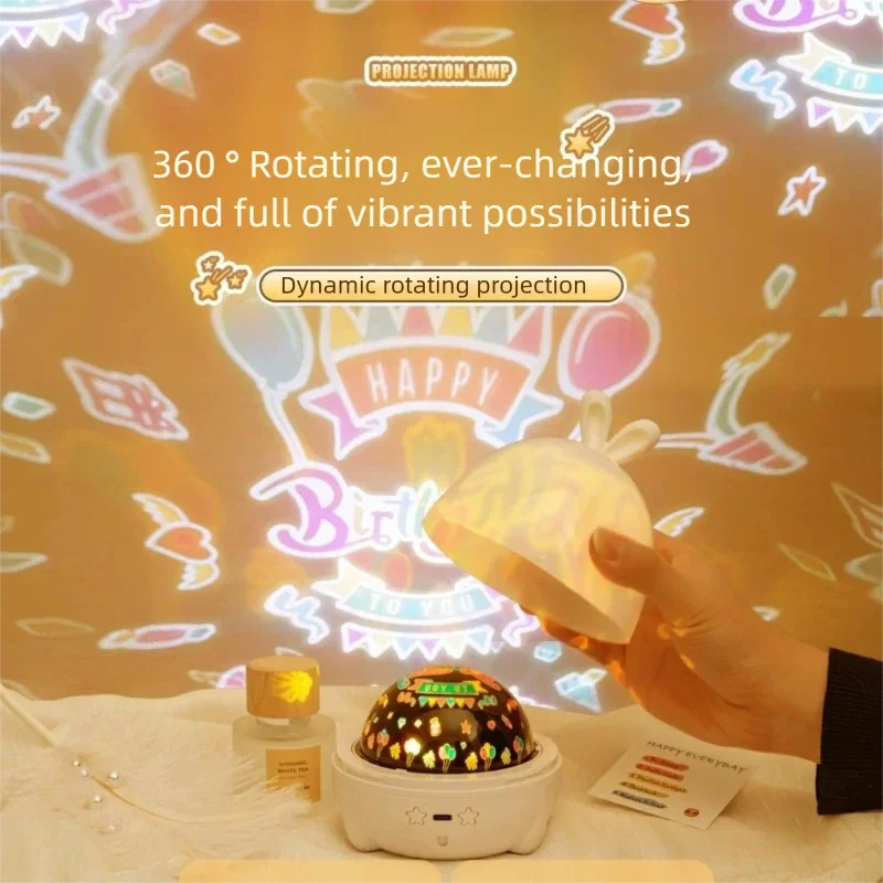 10 Films Rotating Projector Night Light with Music Box, Cute Rabbit Ear USB Mood Nightlight for Kids, Christmas Birthday Gifts