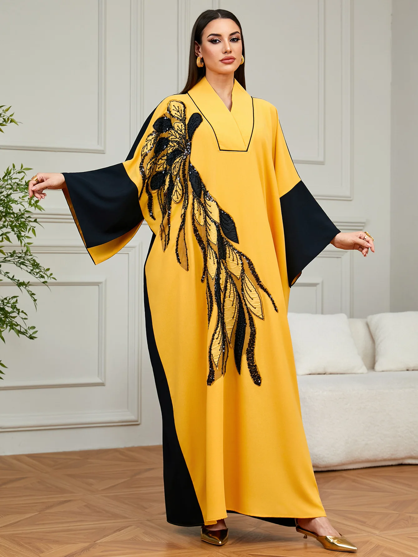 Sukienka Abaja z cekinami i haftem na Eid, luksusowa sukienka muzułmańska z Dubaju, luźna suknia Boubou z rękawami typu nietoperz, marokański kaftan, dżalabija, abaja na Ramadan