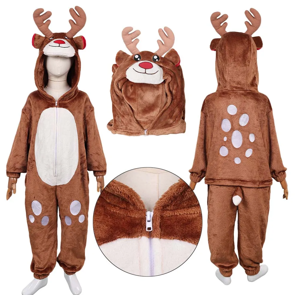 

Kids Christmas Reindeer Cosplay Jumpsuits Costume Children Warm Flannel Homewear Boys Girls Reindeer Halloween Carnival Party