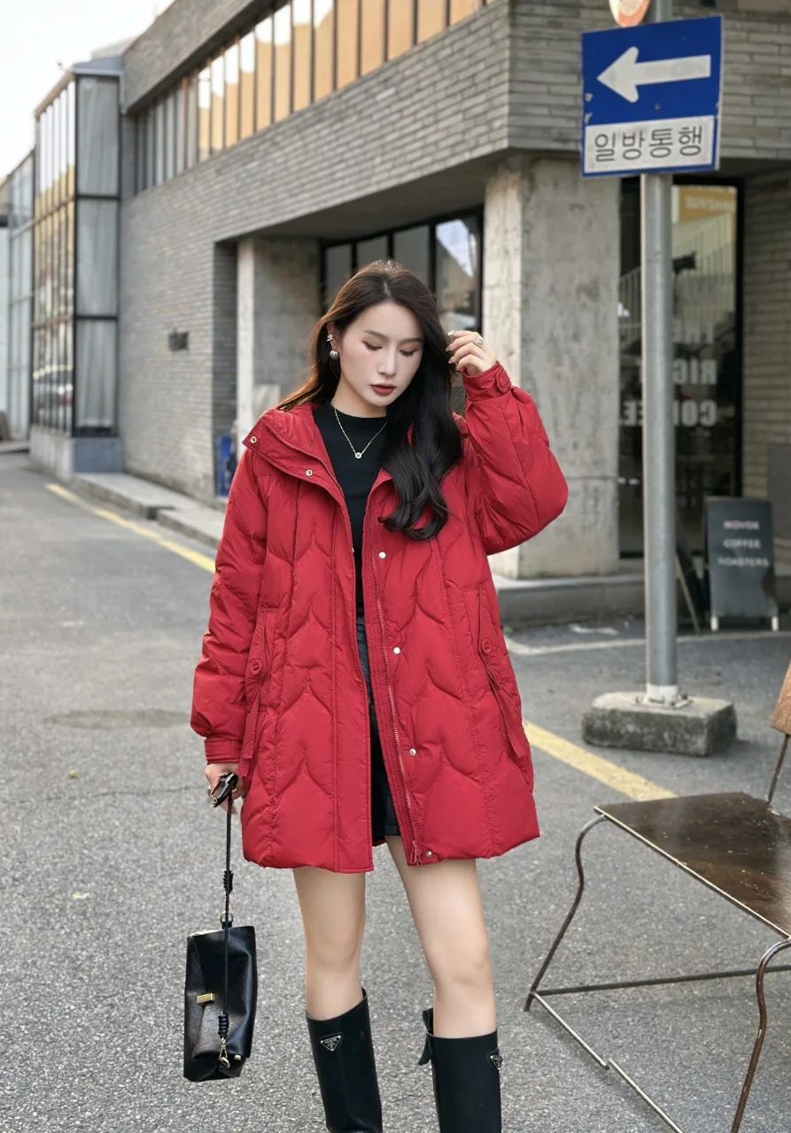 

Winter Stand Collar Mid Length Hooded Down Jacket Women Thick Zipper Parker Jackets Female Solid Warm Down Outwears Overcoat
