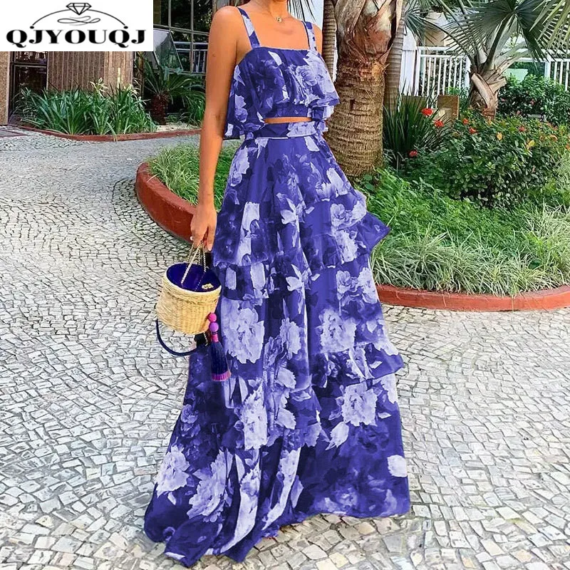 

Европейский и американский новый женский модный топ с цветочным принтом + модная юбка-торт, комплект из двух предметов