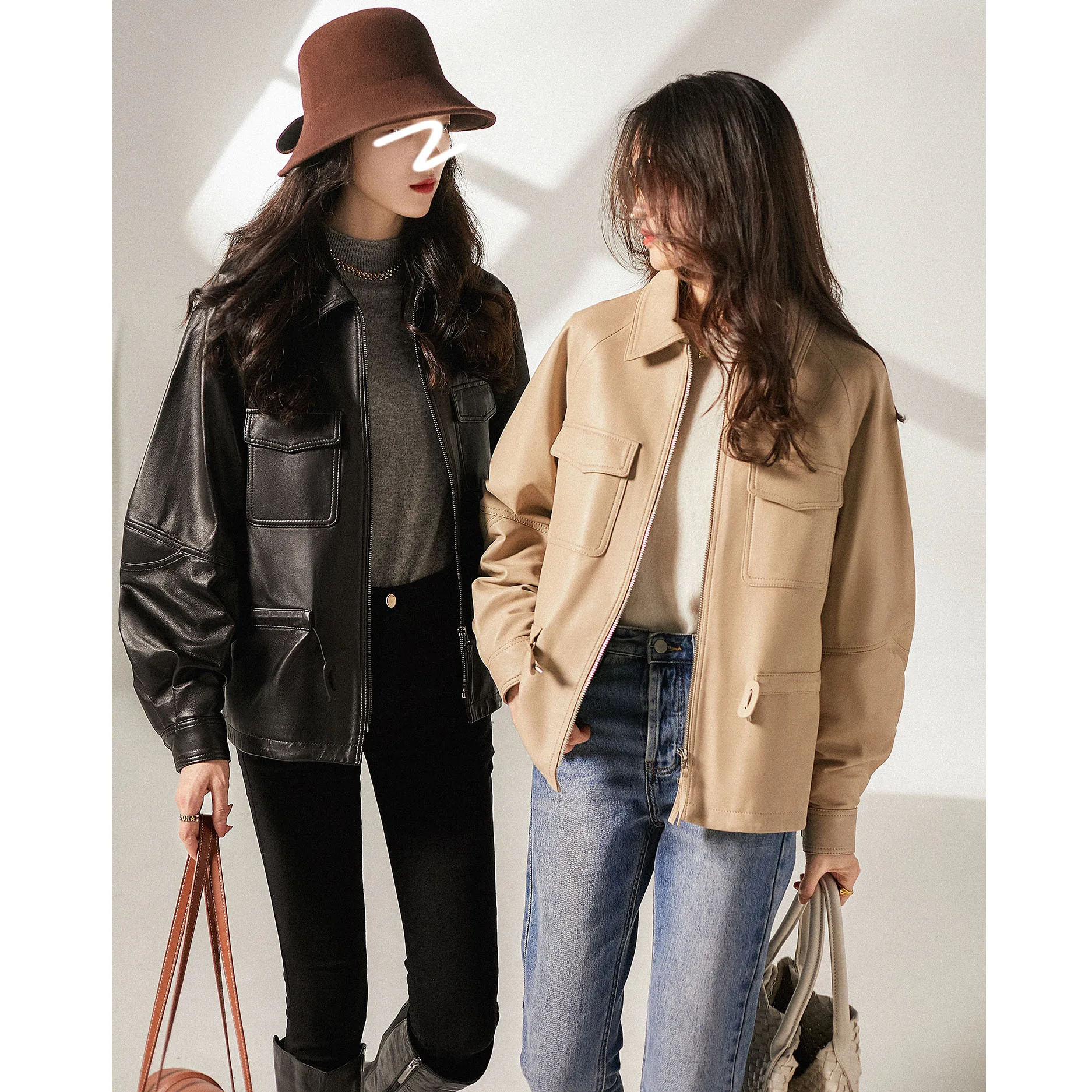 Autumn and Winter New Slim Waist Sheepskin Motorcycle Casual Leather Jacket Coat Lamb Leather Women