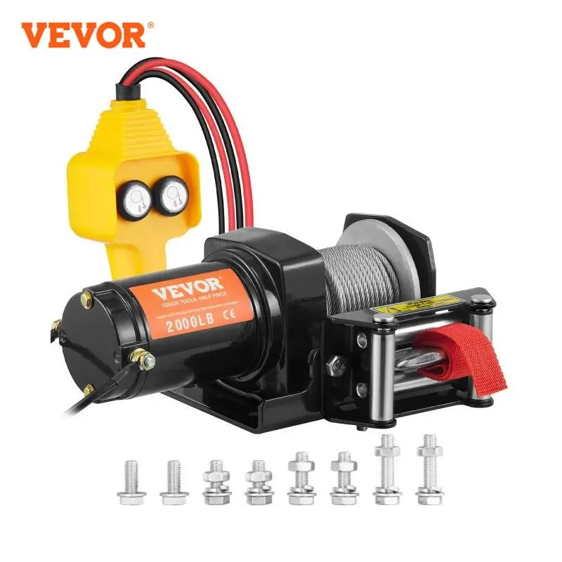 VEVOR Treuil Électrique 12 V 2000 lb 907 kg avec Télécommande Filaire 1,8 m Treuil à Câble en Acier