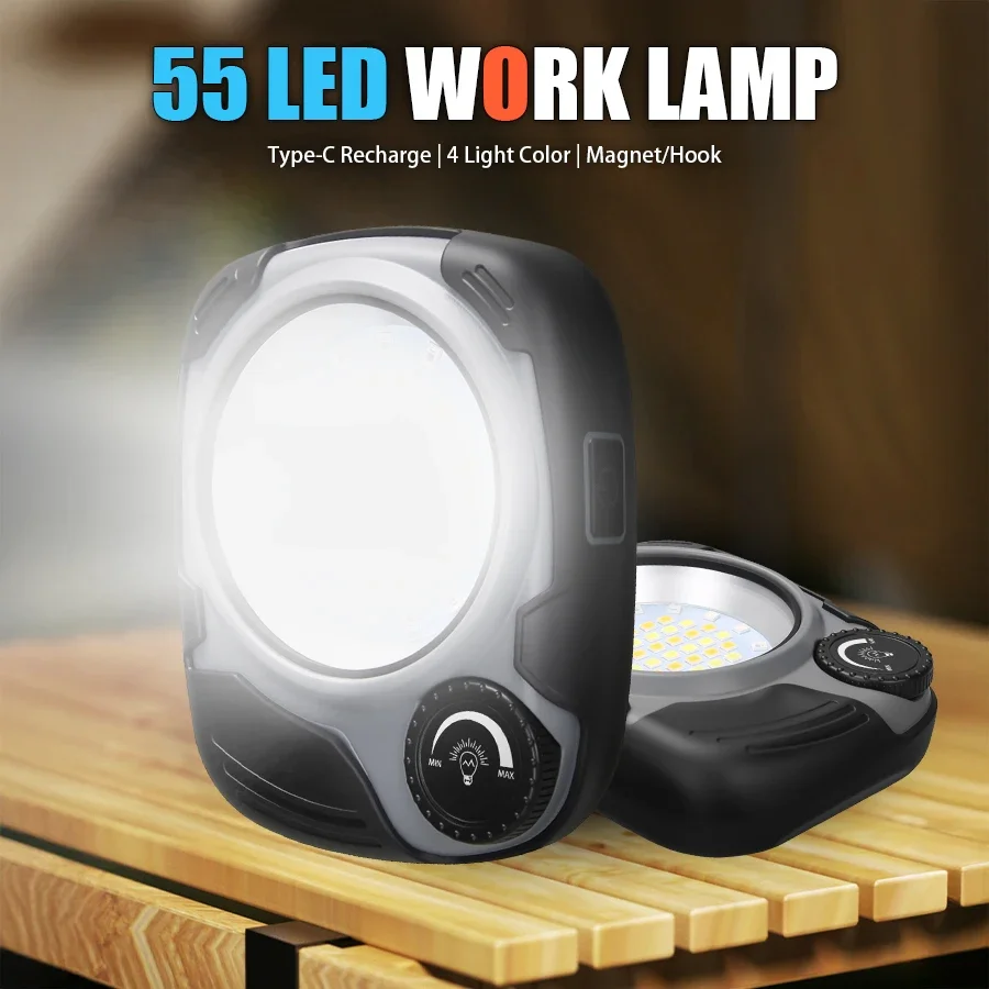 충전식 LED/COB 캠핑 랜턴, 500LM 무단계 조광, 방수 램프(후크 및 자석 포함) 하이킹 캠핑 가정 비상용