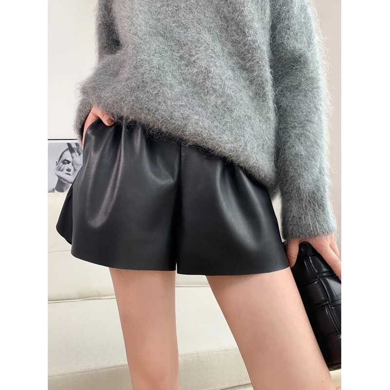 

Autumn Winter New Sle Genuine eepskin Leather orts High Waist Loose Slimming Wide Leg Casual Pants A-Line Elastic