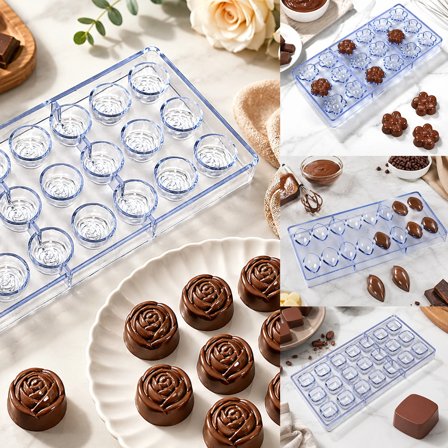 Polycarbonate Chocolate Mold Set, Assorted Shapes, Rose,Cube,Sphere,Reusable Food Grade Mold for Homemade Chocolate & Candy