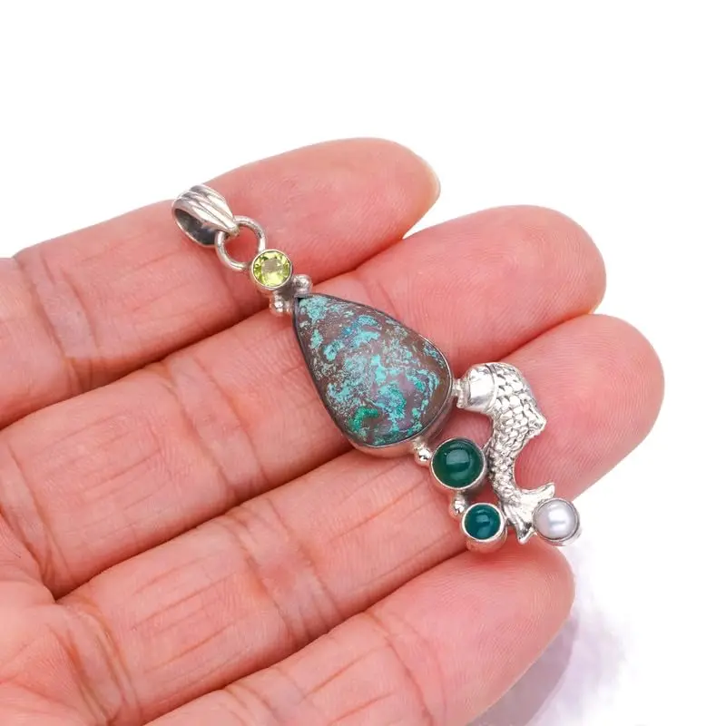 

StarGems Natural Chrysocolla&Carp,River Pearl,Peridot And Chrysoprase Handmade 925 Sterling Silver Pendant 2 1/4" F6497