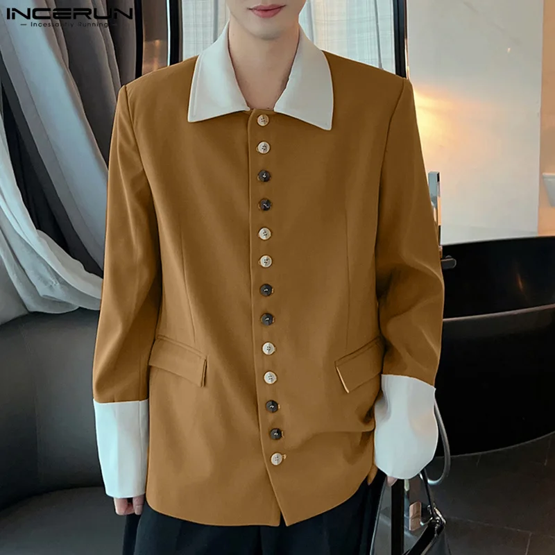 INCERUN Fashion Clothing Mens Contrast Neck Multi Button Suit Coats Casual Streetwear Male Hot Selling Long Sleeved Blazer S-5XL