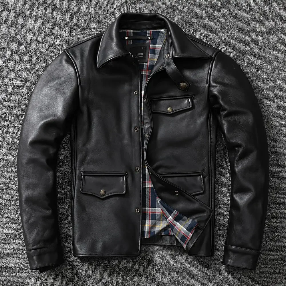 

YR!Free shipping.thick black horsehide clothes.classic brakeman leather jacket,quality men genuine coat,sales.super