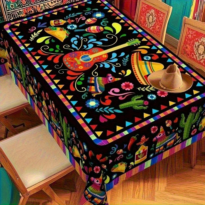 1pc Mexican Fiesta Tablecloth Guitar Cactus Pony Sombrero And Maracas Bright Floral Design on Black Background for Kitchen Dinin