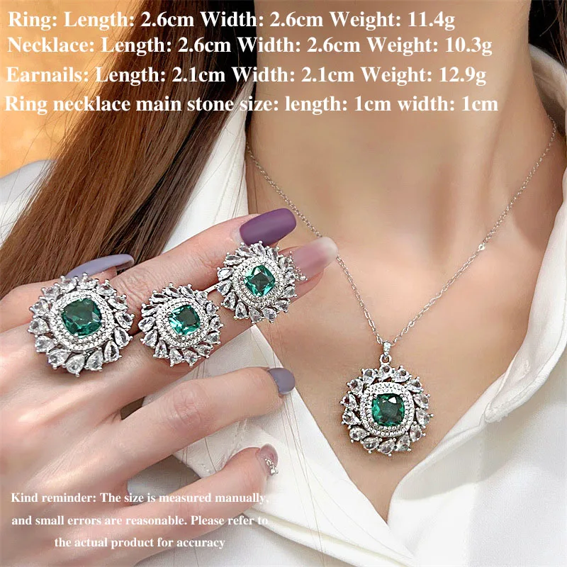 Temperament Retro Green Zirconia Adjustable Ring/Necklace/Earrings Jewelry Sets for Women\'s Birthday Party Luxury Accessories