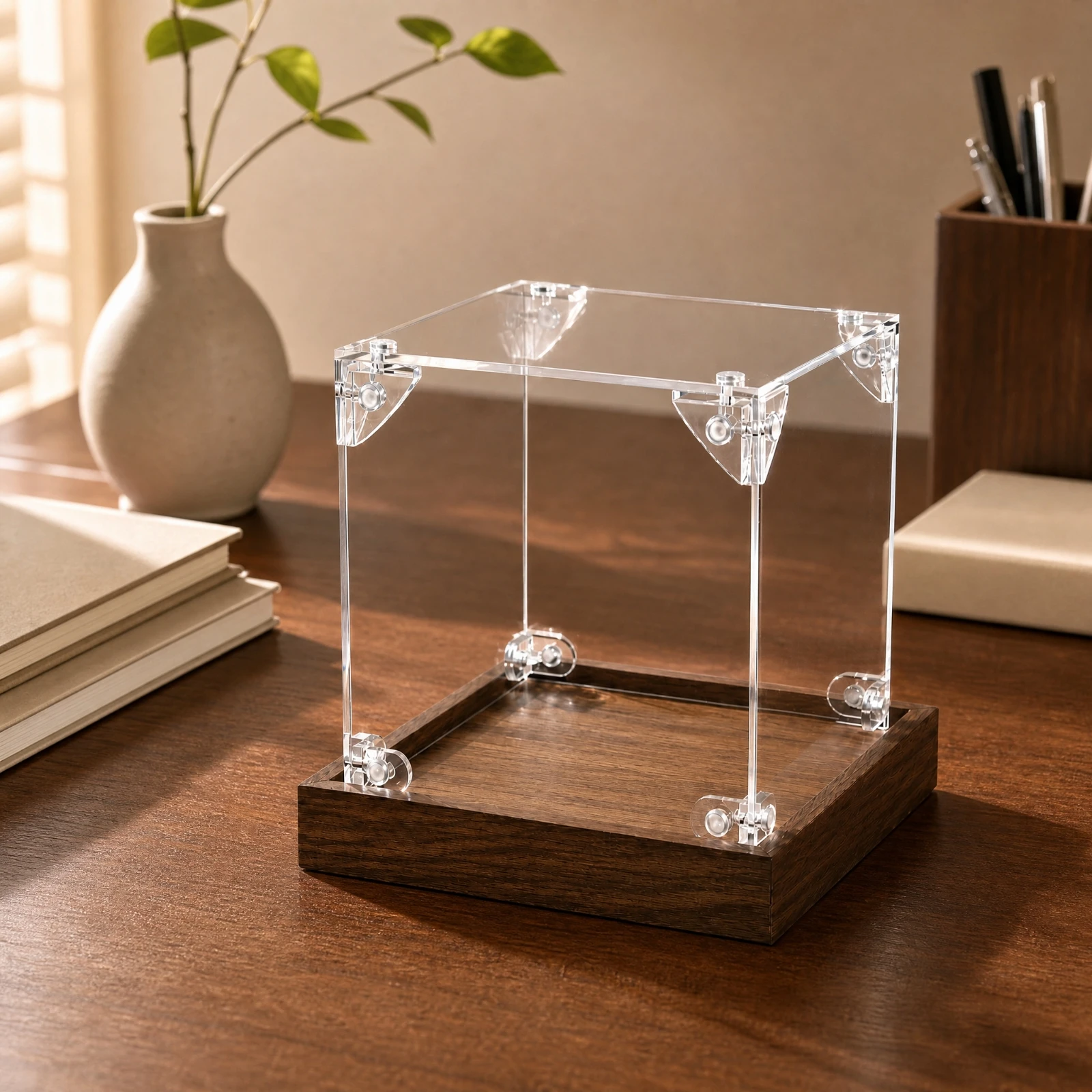 Snap Fit Acrylic Display Cube 10cm Transparent Showcase with Wood Style Base for Hobby Desk Decor