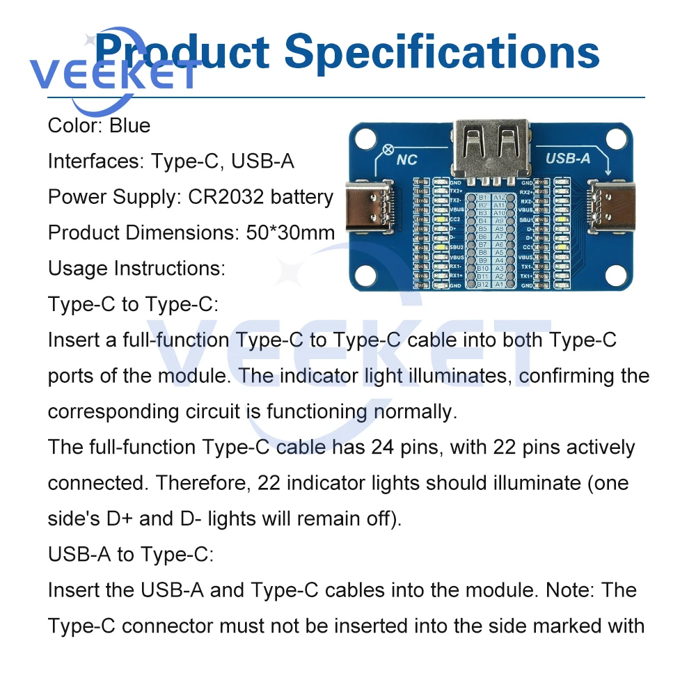 USB a to Type C Detection Module Fast Charging Cable Tester LED Indicators Compact Portable Wire Inspection Tool