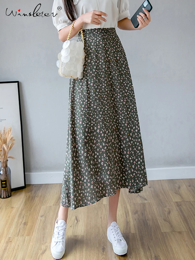 

Fast Ship Green Floral Print Skirts Women Vintage Elastic High Waist Midi Skirt Comfortable Summer Holiday Skirt B04910B