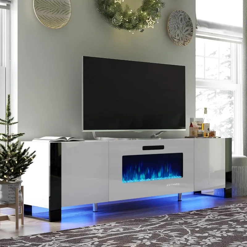 

70" Fireplace TV Stand with 36" Electric Fireplace, High Gloss Entertainment Center with LED Lights, Modern Entertainment Stand