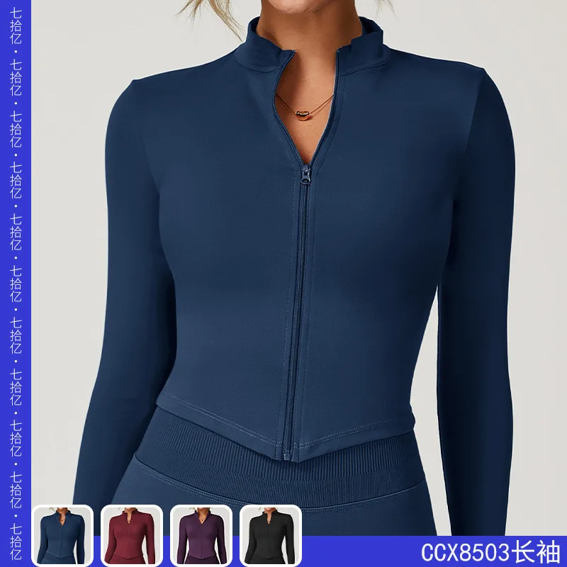 

Black quick-drying nude fitness jacket, women's zipper running sports, red jacket, women's tight long-sleeved yoga wear 8503