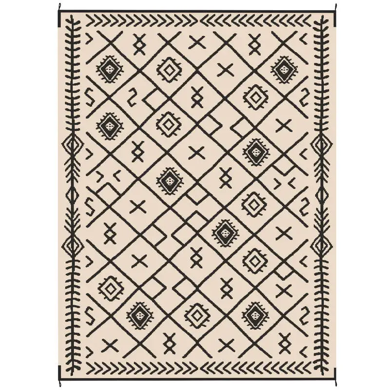 

Reversible Outdoor Rug, Waterproof Plastic Straw with Carry Bag, 9' x 12', Black &amp - Beige Rhombus