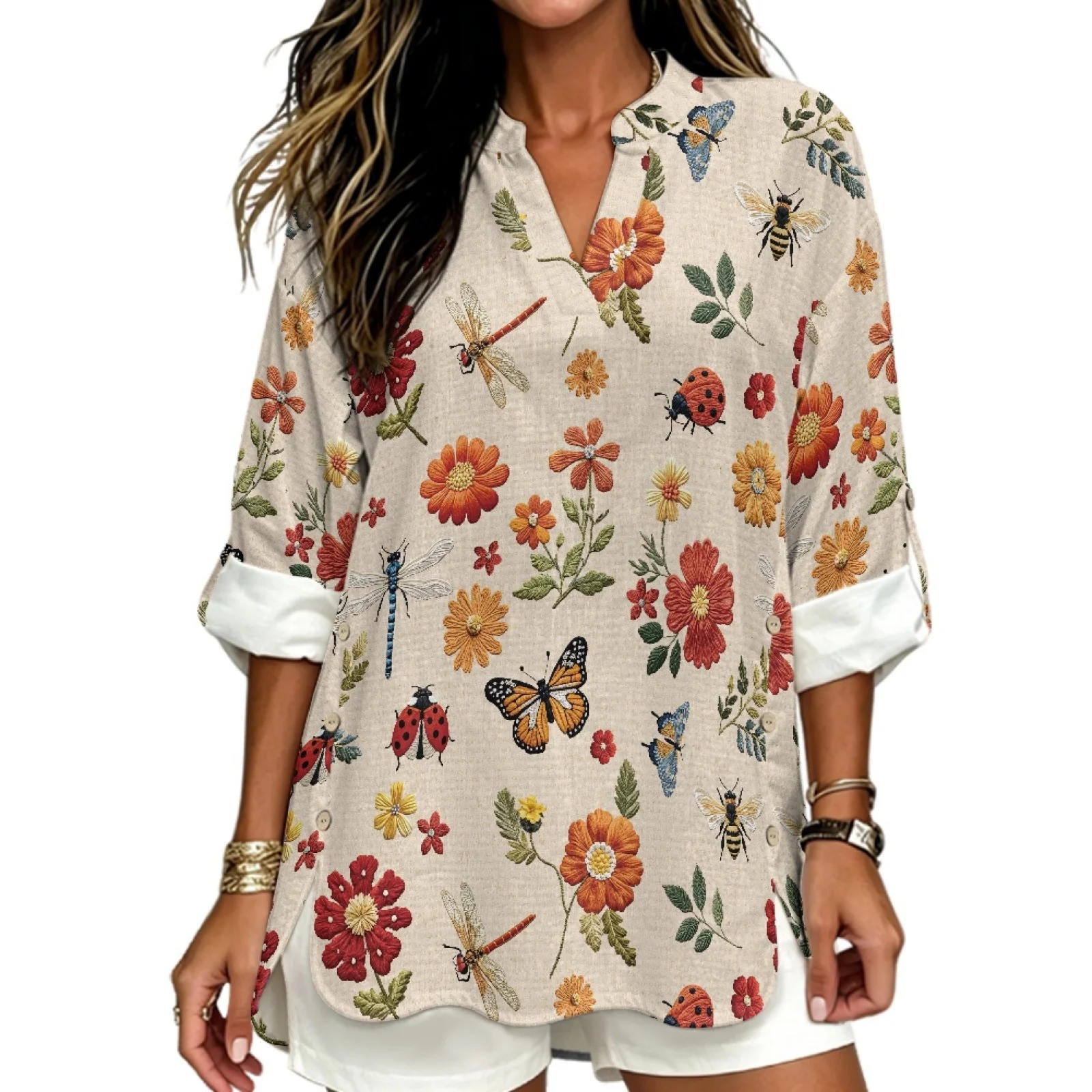 PENSTROLL Dragonfly and Ladybug Linen Like Tunic Shirts Loose V Neck Long Sleeve Tops for Women Sizes S-5XL