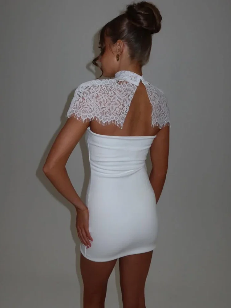 

Chaxiaoa Women Lace Cape Strapless Mini Dress Elegant High Neck Lace Trim Sleeveless Backless Ruched Bodycon Club Party Dress
