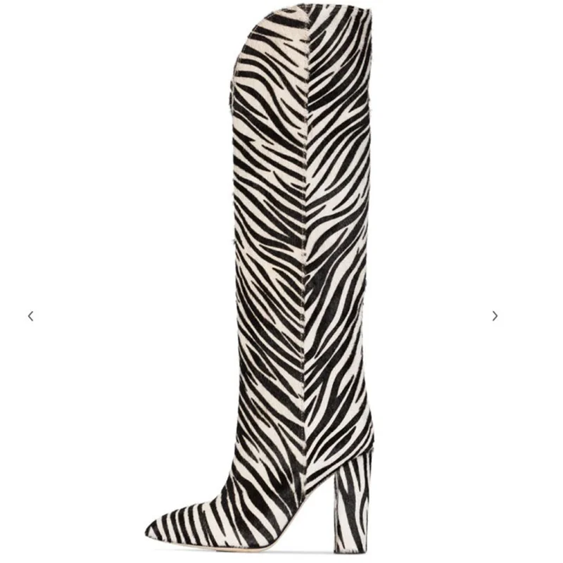 

Patchwork Stripe Women Modern Show Boots Knee-high Pointed Toe Chunky Super High Heel Slip-on Autumn Winter Fashion Female Shoes