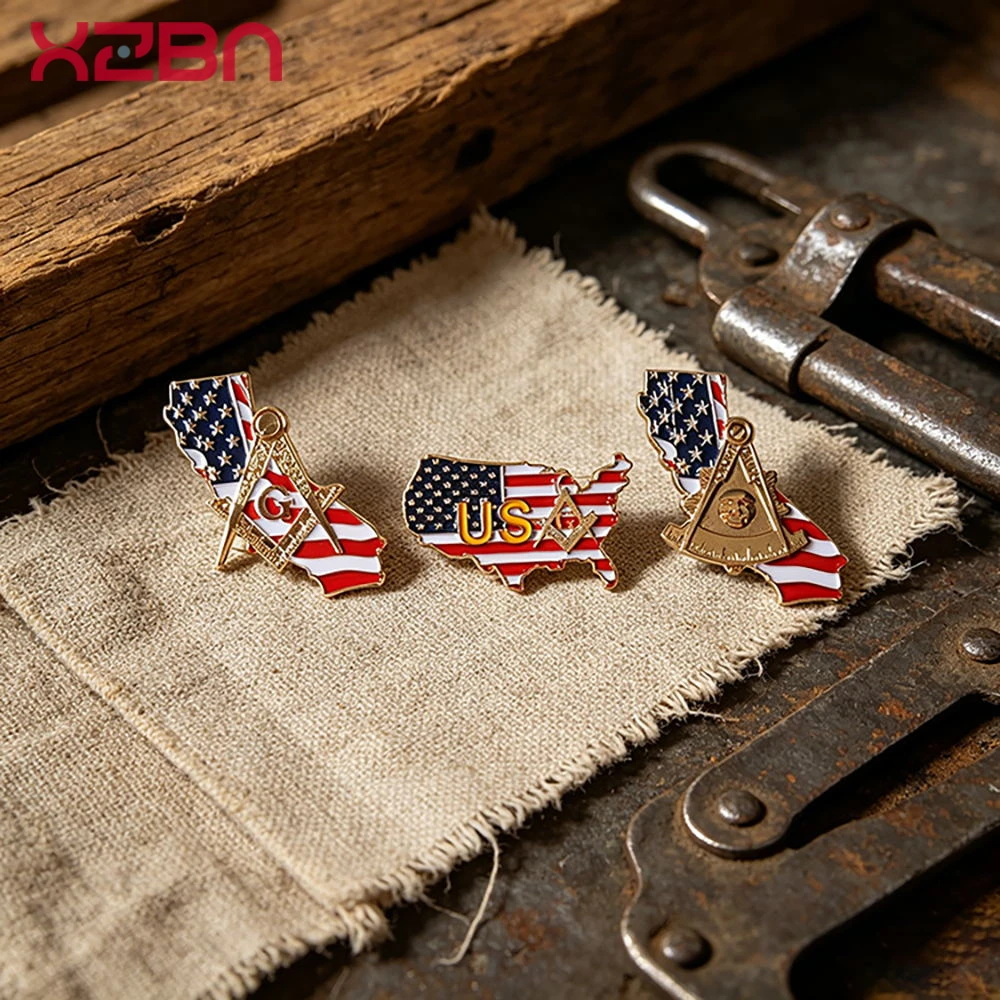 Masonic Lapel Pins Freemason Badge Mason Freemason USA State Flag Map Brooch Copper Gold Plat Exquisite Souvenirs Gifts