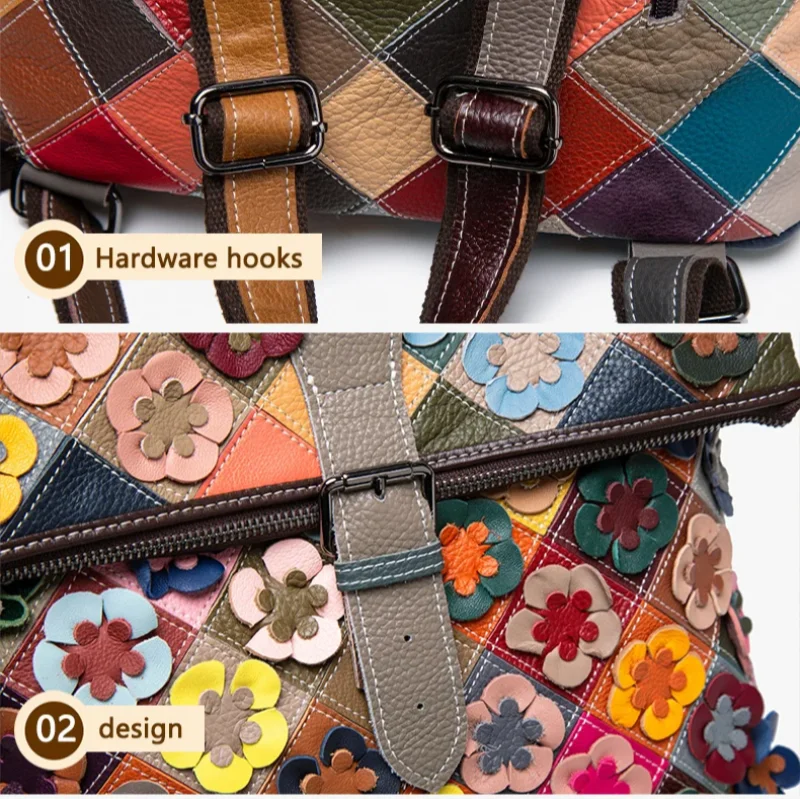 ​ ​ Plecak w stylu boho z kwiatowym patchworkiem - Plecak dzienny w stylu vintage z prawdziwej skóry z wytłoczonymi kwiatami 3D, romantyczny plecak, patchwork retro
