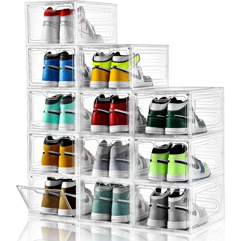 12 Pack Shoe Storage Boxes, Stackable Clear Boxes With Doors, Organizer Containers For Sneakers - Fit US Men's/Women's Size 12