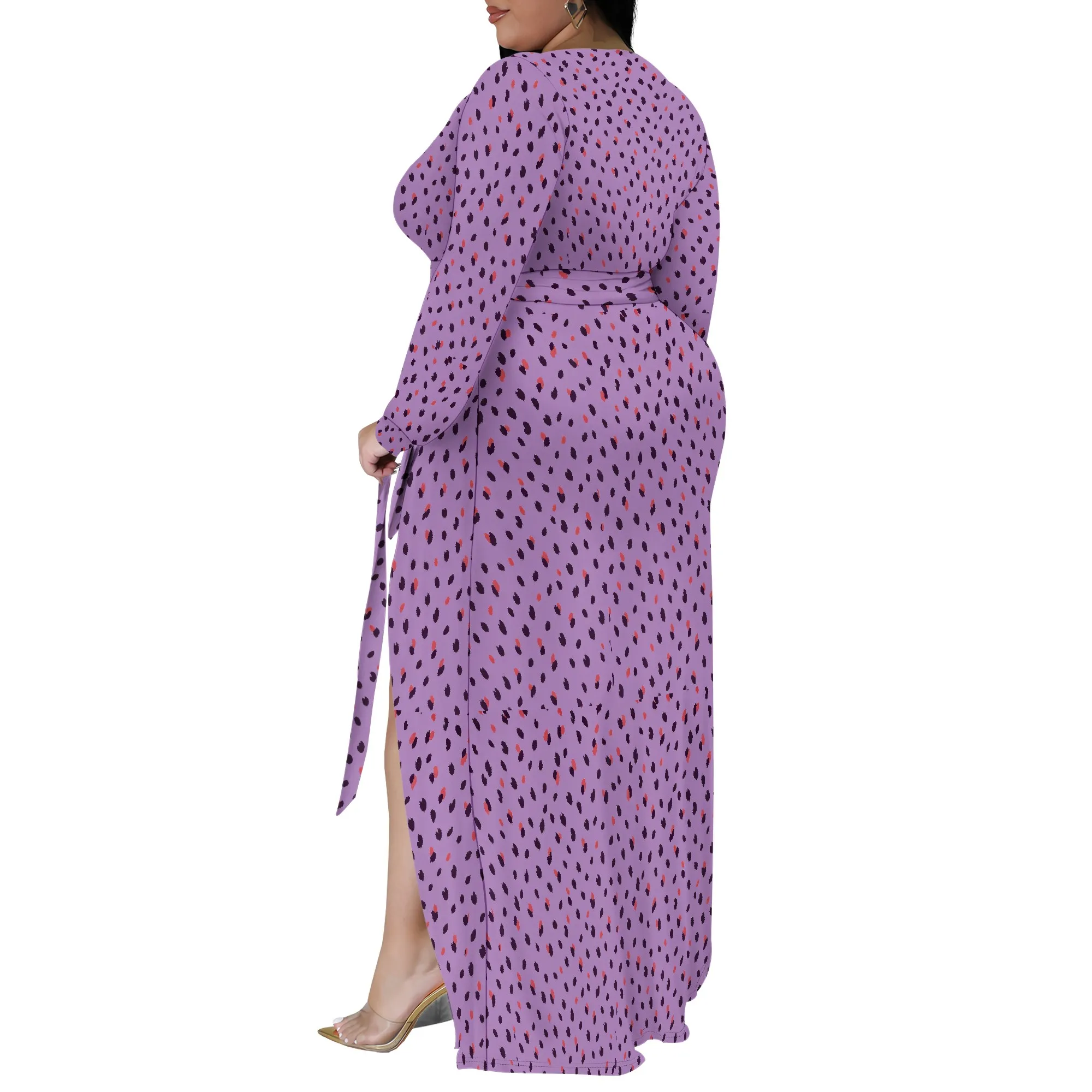 Abiti taglie forti da donna Abito lungo con stampa floreale con spacco fluido manica 3/4 con cintura