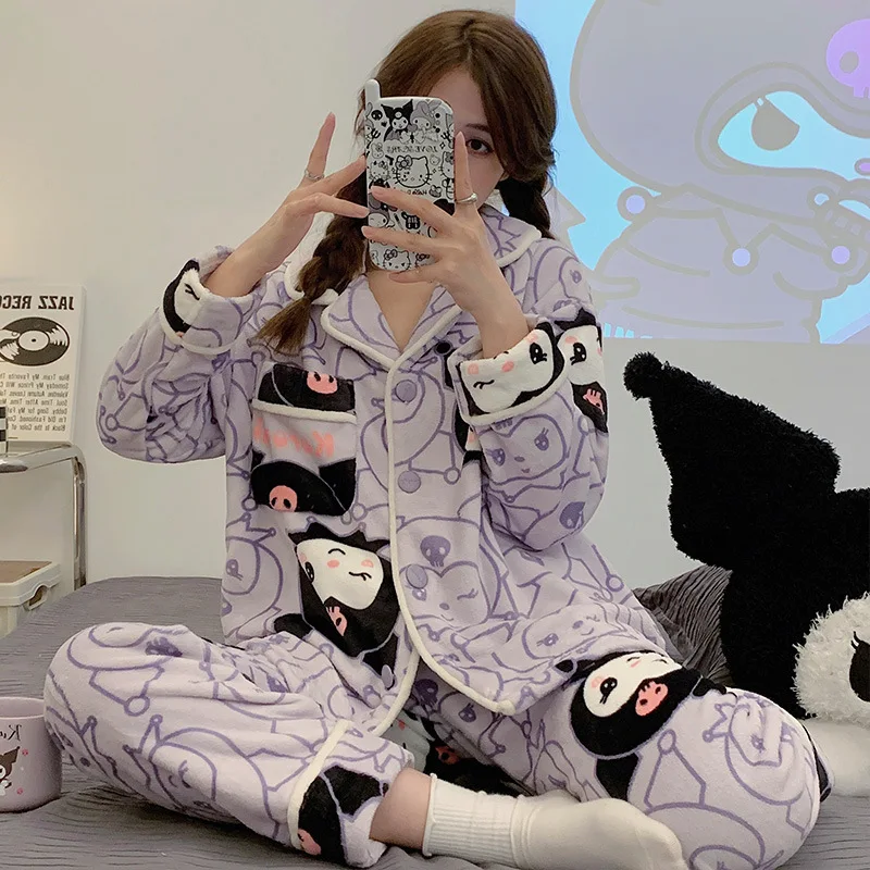 

Sanrio long-sleeved kawaii cartoon Kuromi Pochacco KT My melody Cinnamoroll flannel pajamas women's thickened home wear set