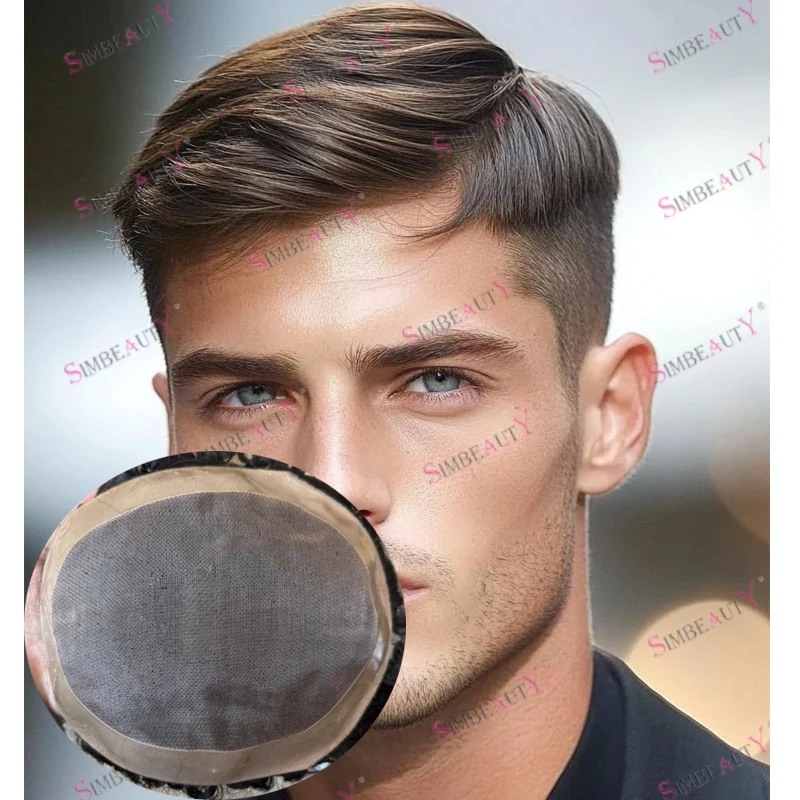 # 4 marrom loira confortável fina mono base homens peruca 100% cabelo humano indiano sedoso em linha reta perucas masculinas natural linha fina peruca