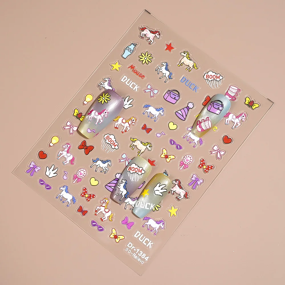 1/5/10 Stück niedliche Cartoon-Pony-Einhorn-Blume, Herz, Schleife, Nagelaufkleber, 5D-geprägte Aufkleber für Frauen, DIY-Maniküre, selbstklebendes Dekor