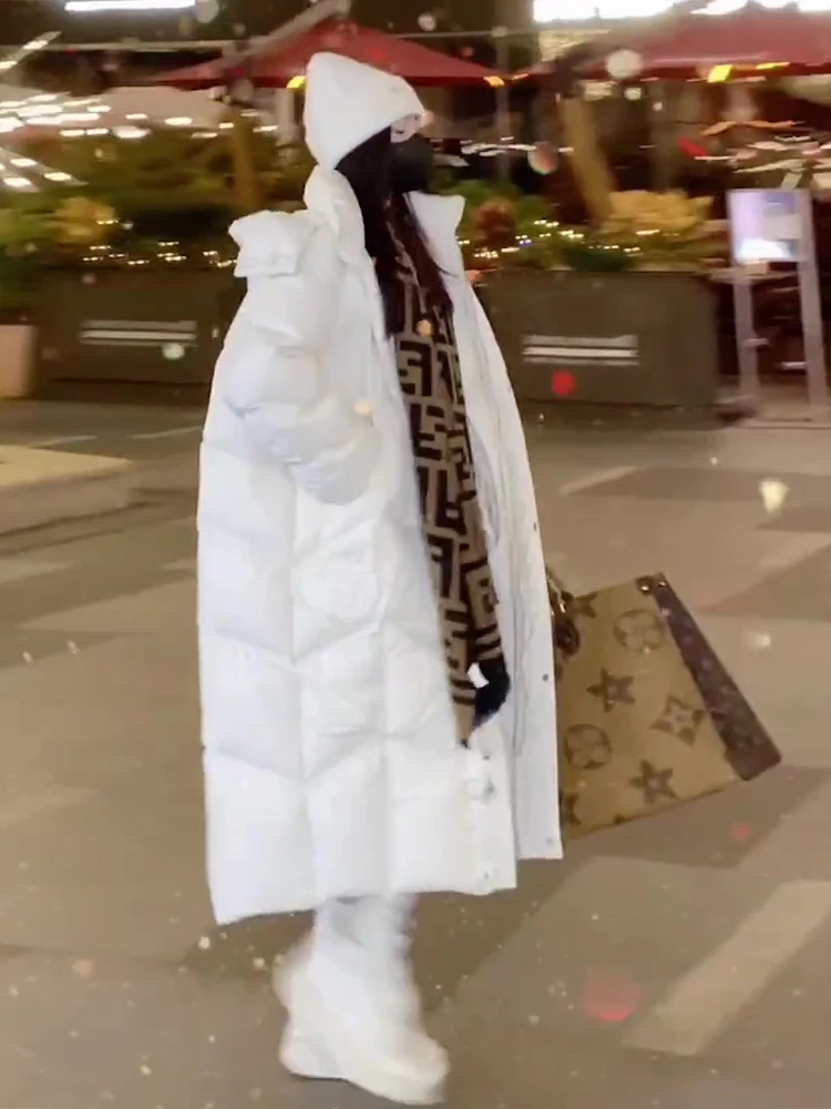 

Women's Thiened Warm Long Du down Jaet Hooded Zipper Bread Sle Coat White Over-Knee Length Casual Sle Polyester Fabric