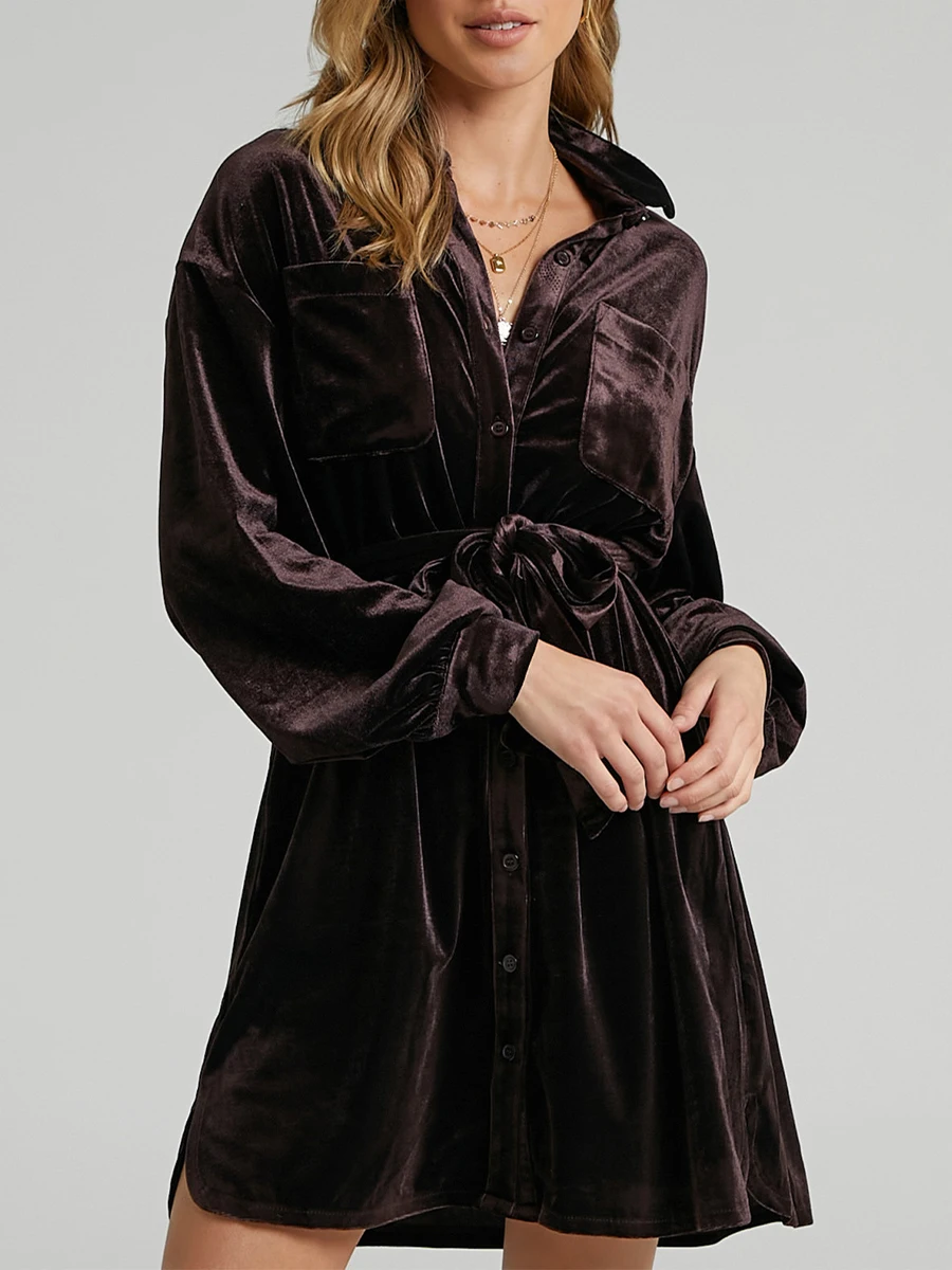 Women'S Gold Velvet Shirt Dress Solid Color Long Sleeved Lapel Button Mini Formal A-Line Dress Suitable For Autumn Wear