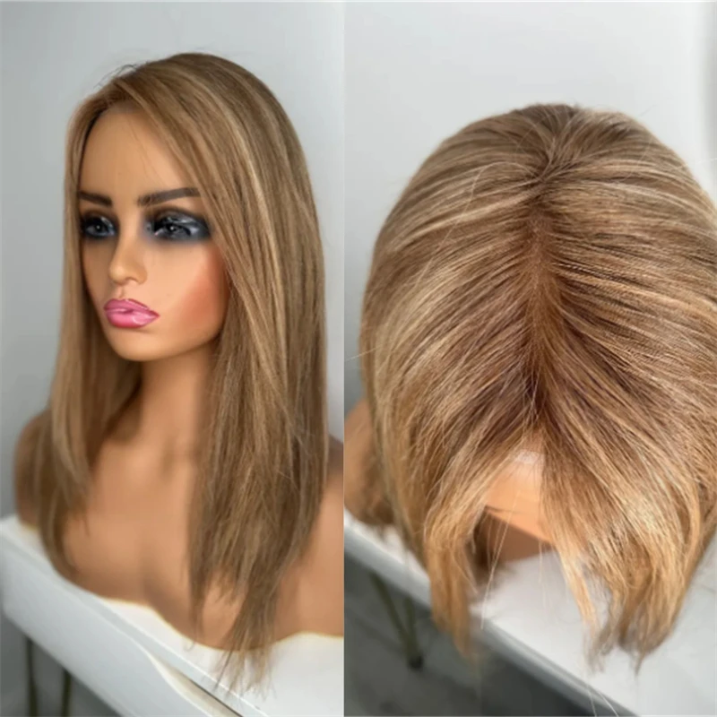 

Ombre Caramel Blonde Brown Balayage Luxury Synthetic Lace Front Wig Short Straight Bob 150% Density Wigs For White Black Women