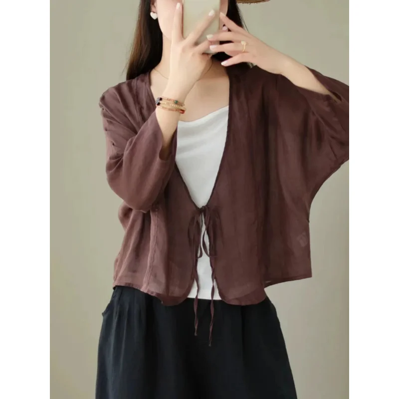 Chinese Style Cotton Linen Long Sve V-Ne Tie Waist Open Shirt ort Outerwear Women's Summer Sunscreen Cardigan Daily Shawl