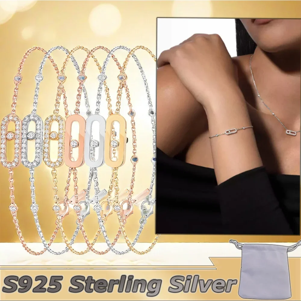 Real S925 Sterling Silver Move Diamonds Uno Bracelet Messik Women Single Diamond Movement Luxury Jewelry Vintage Party Banquet