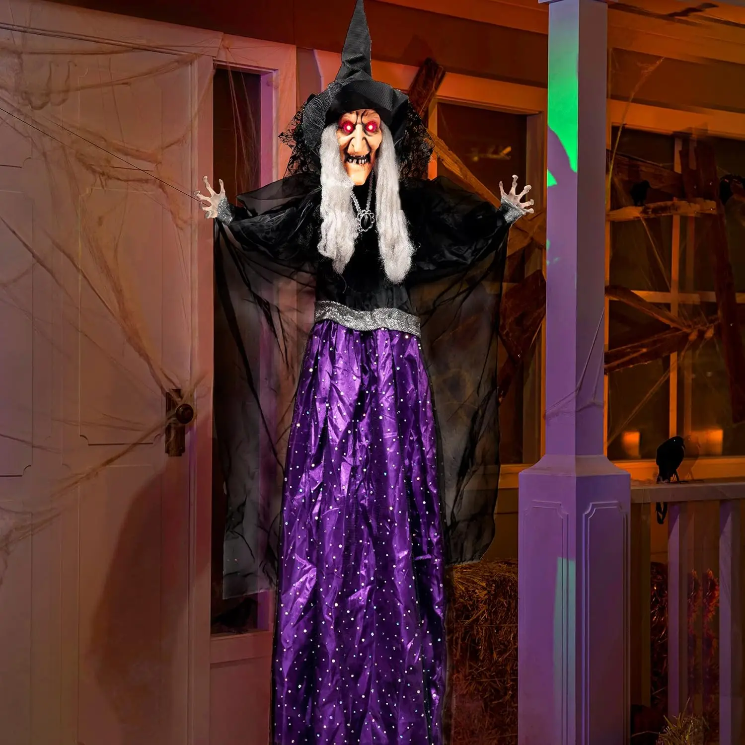 Witch Decor Scary Halloween Animatronics, Hanging Talking Witch Sound Activated Led Lights Eyes Haunted House Yard Garden Lawn