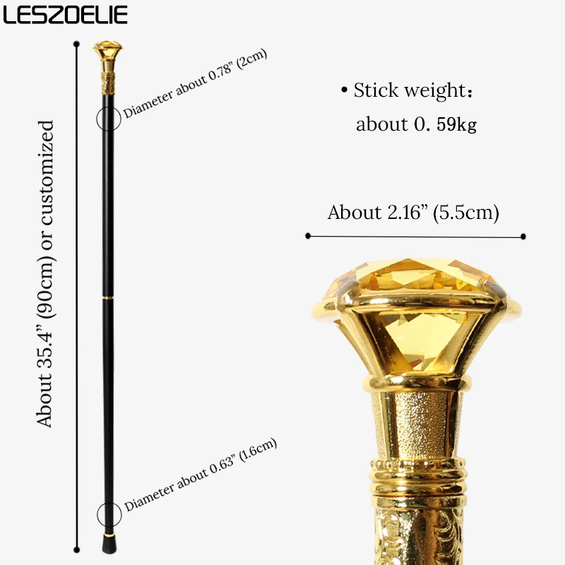 Tongkat Jalan Kristal Kuning 90cm Gagang Emas Tongkat Jalan Modis Pria Dan Wanita Tongkat Jalan Dekoratif Cosplay