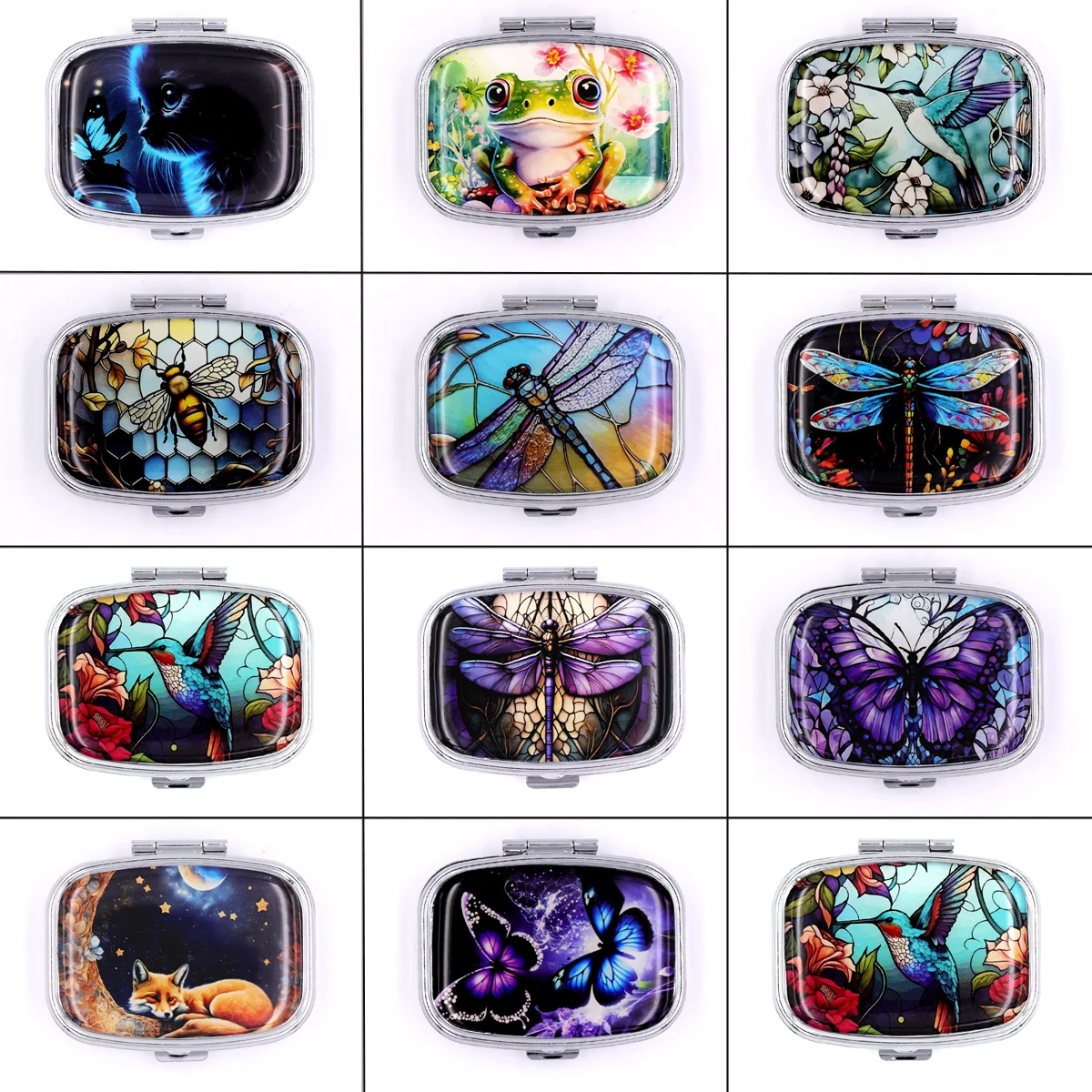 Small Sealed Metal Pill Container with Animal Design – Dual Compartment Travel Pill Organizer, Decorative Medicine Storage Box