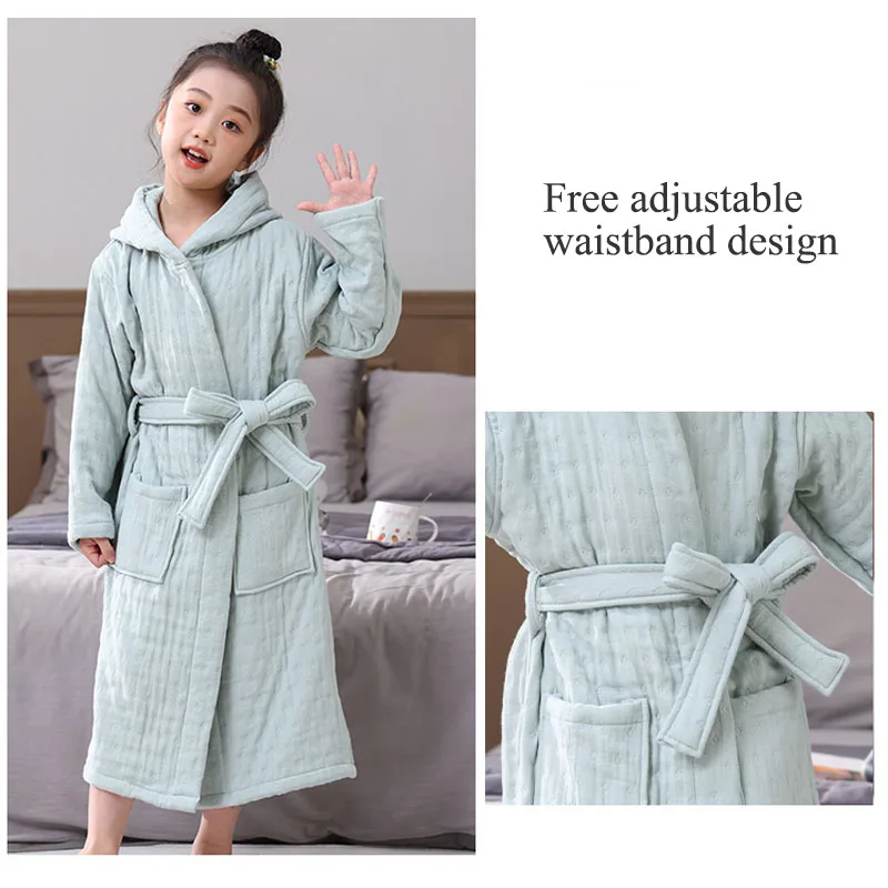 Children Pure Cotton Bathrobe 6-layer Yarn Soft Comfortable Robes with Adjuetable Belt Long Sleeve Hooded Sleepwear 6-14Y