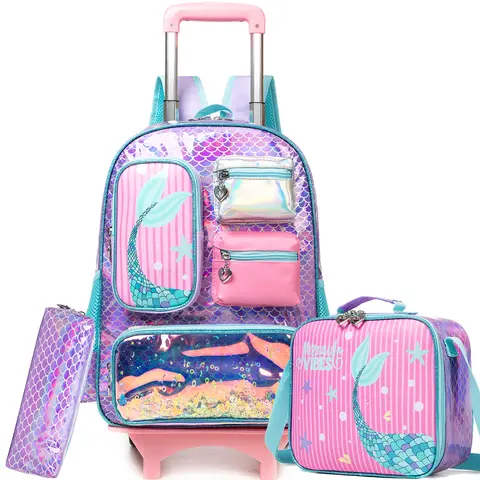 Mochila con ruedas de sirena para niñas, mochila con ruedas para estudiantes de primaria, bolsa escolar con lonchera y estuche