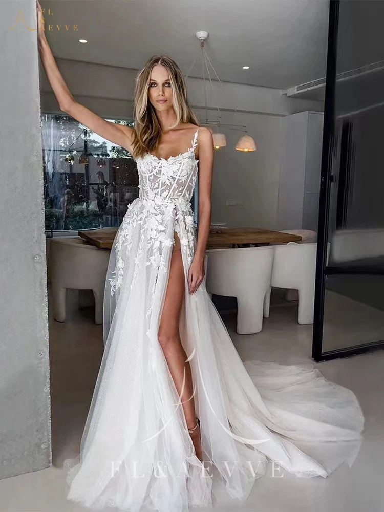 FL & AEVVE فساتين زفاف مثيرة مع شق مخصص أشرطة سباغيتي زينة فستان العروس على شكل حرف v فستان حفلة vestidos de novia #3