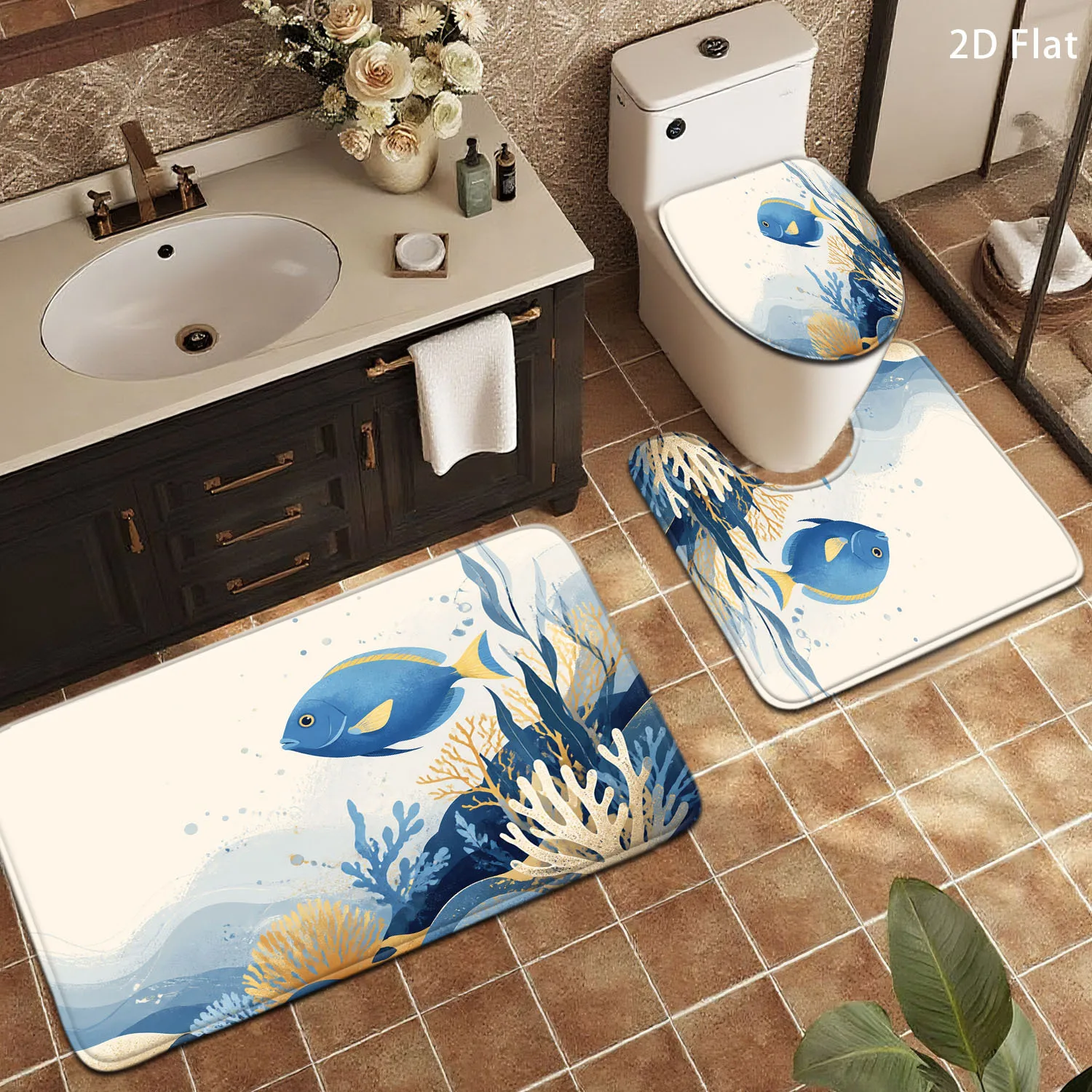 Tropical Fish Bathroom Mat Set 3 Piece Bath Rugs for Modern Bathroom Decor Ocean Scene