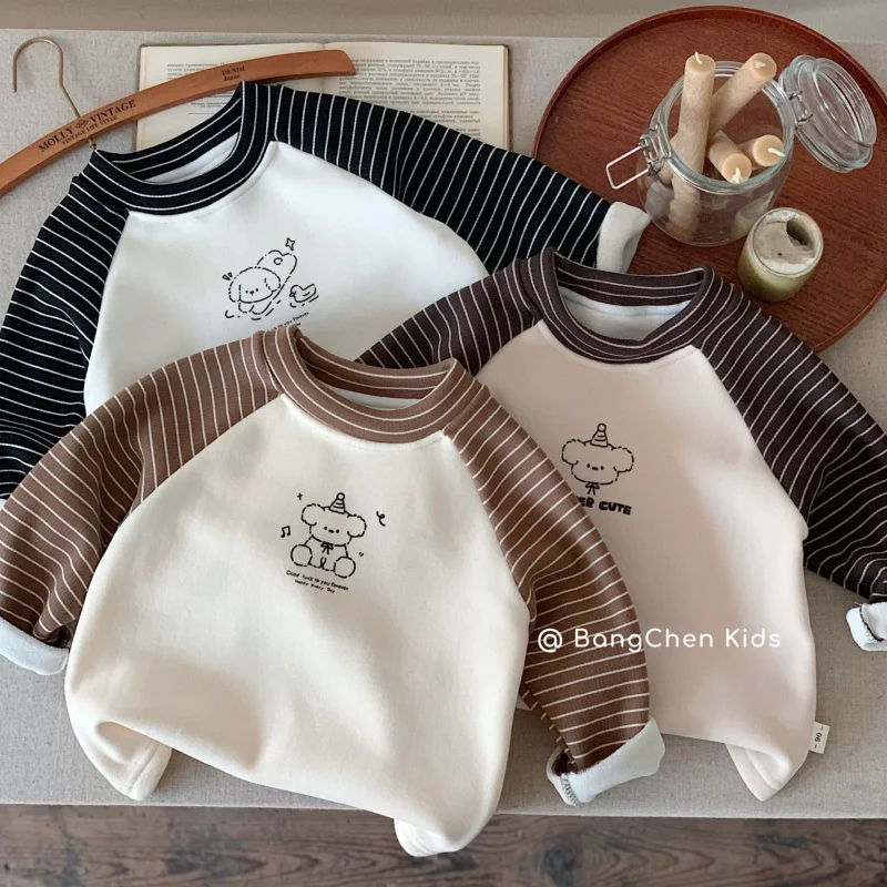 

Children's bottoming shirt2024Winter New Boys and Girls Raglan Sleeve Fleece-lined Warm Striped TopG0625