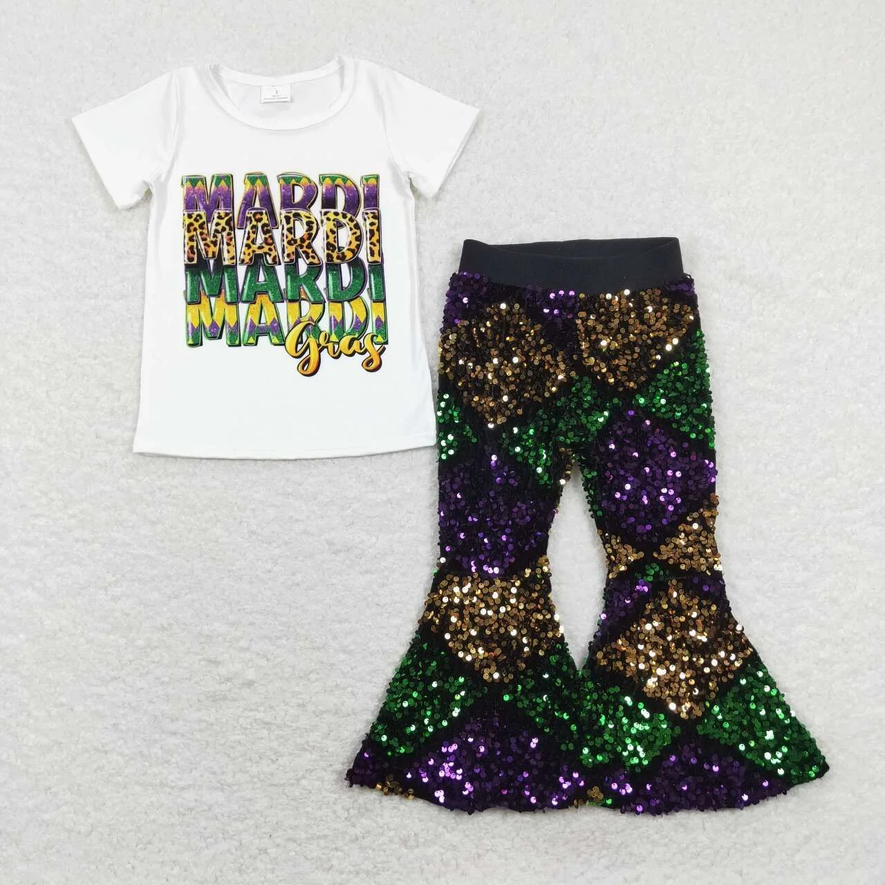 New Fashion Happy Mardi Gras Purple Short Sleeve Purple Yellow Green Diamond Plaid Set Wholesale Boutique Children Clothes