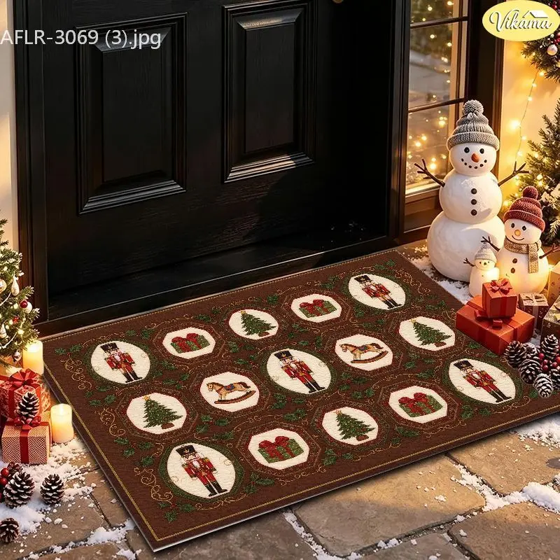 VIKAMA White Poinsettia Geometric Tile Entryway Rug Non Slip Low Profile Mats for Outside Front Door Xmas Decor Washable